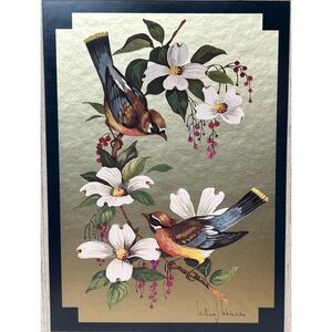 Vintage Signed William J Whiteside Signed Birds On Dogwood Gold Foil Art Print